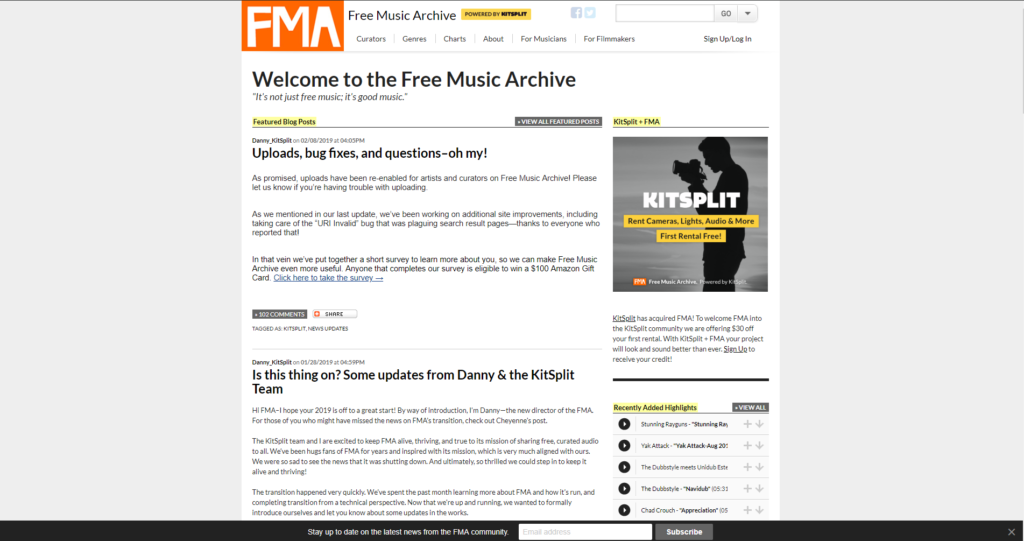 Strona z darmową muzyką Free music archive